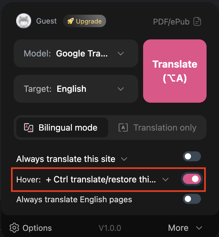 enable mouse hover translation